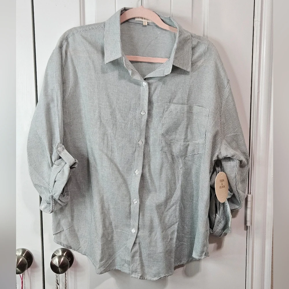 Eden & Olivia White and Green Striped Button-Down Shirt - Picture 2 of 8